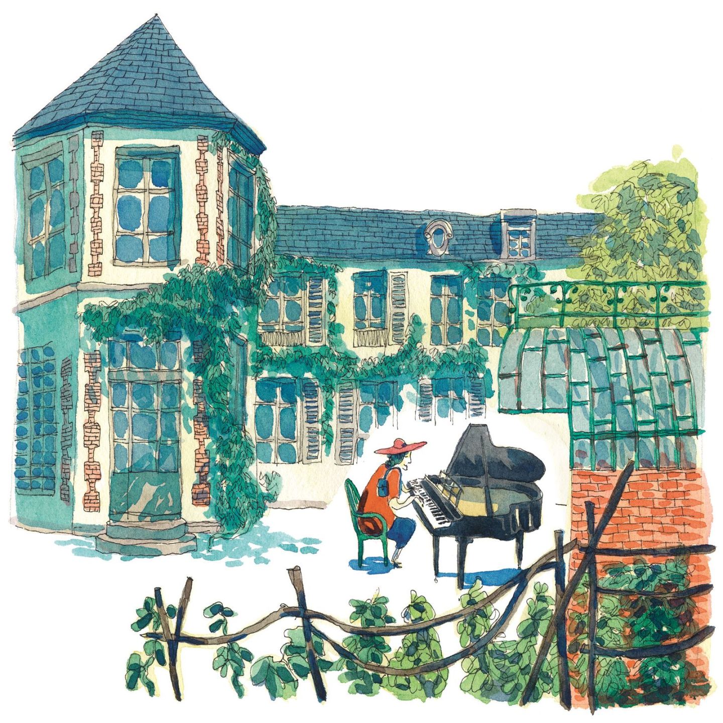 femme jouant du piano devant une clinique psychiatrique