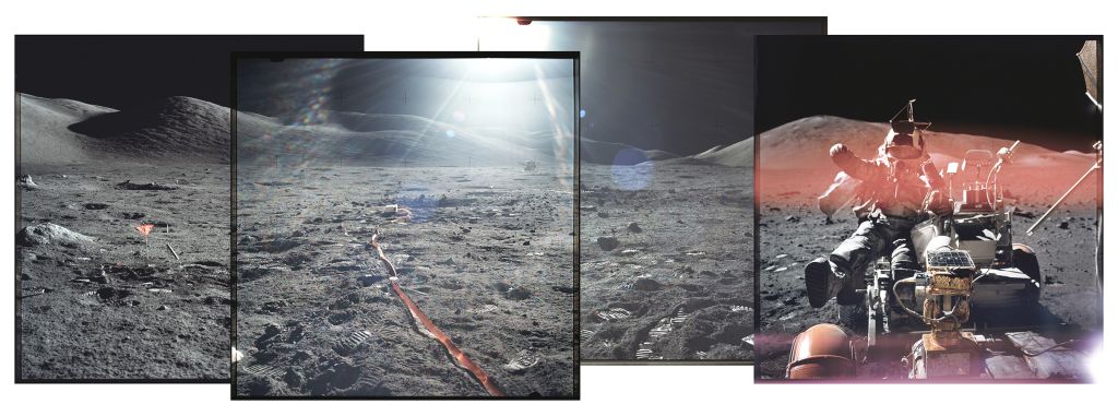 Le photographe Jef Bonifacino s’est plongé dans les quelque vingt mille images prises par les astronautes des missions Apollo entre 1961 et 1972, depuis l’espace ou sur la lune. De cette plongée dans les archives, il a imaginé des montages photos qui proposent un autre récit visuel de l’exploration lunaire. Un projet nommé « Unseen Apollo ».