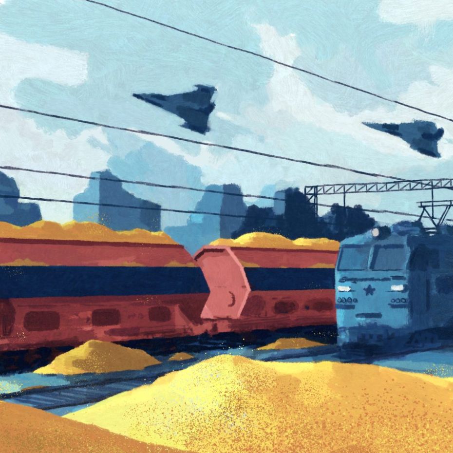 dessin de wagons chargés de céréales et survolés par des avions militaires