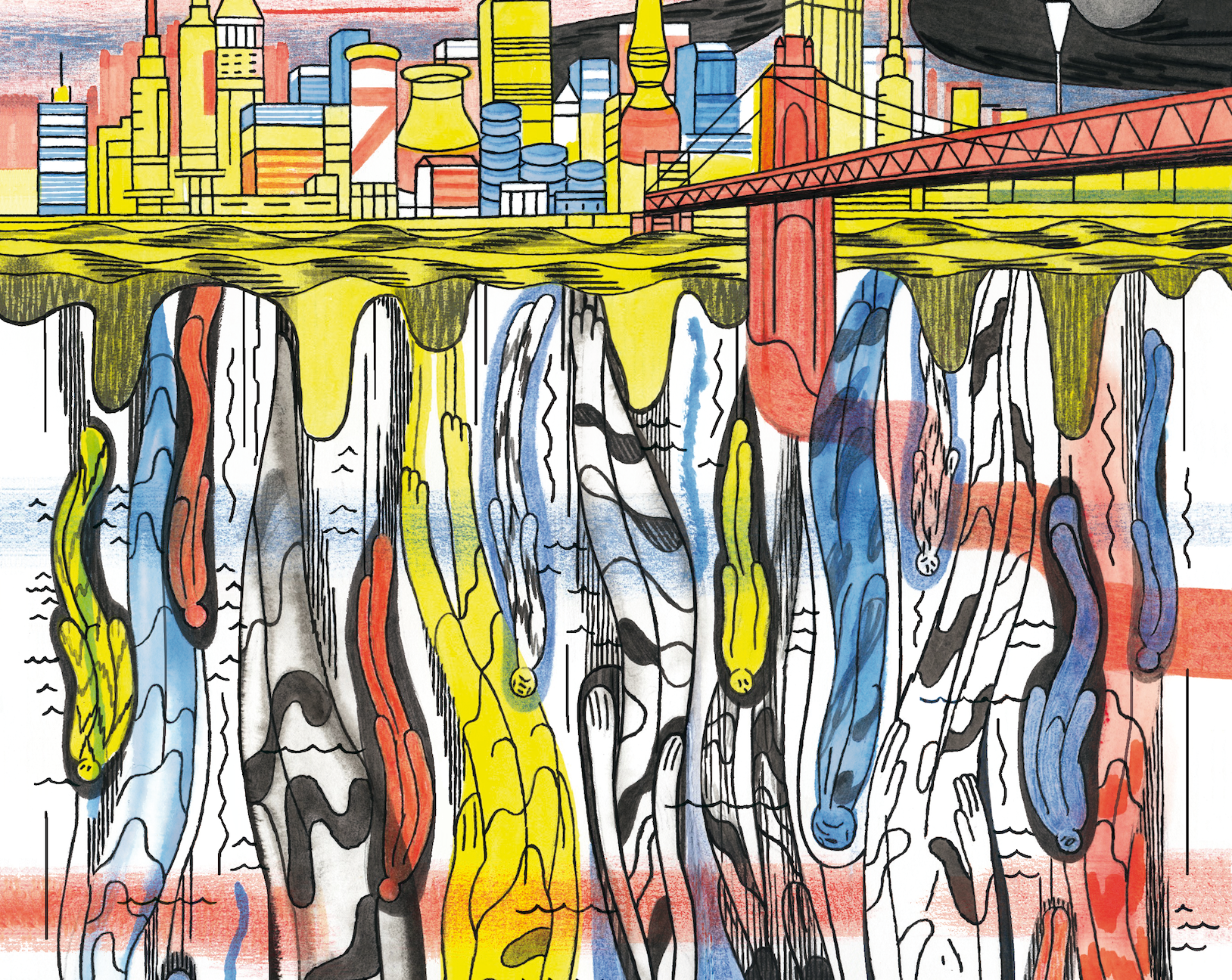 Une silhouette fantomatique plane au-dessus d'une ville, une seringue à la main