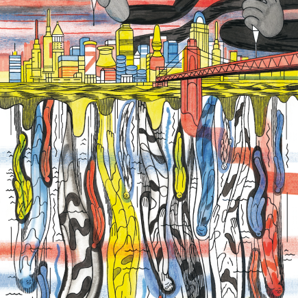 Une silhouette fantomatique plane au-dessus d'une ville, une seringue &agrave; la main