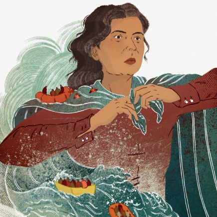 dessin d&rsquo;une femme et de bateaux de migrants
