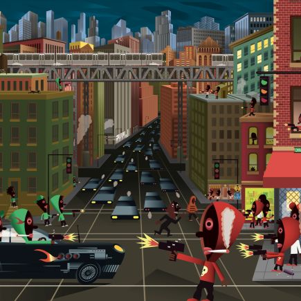 Une fresque urbaine dans laquelle des hommes encapuchés se tirent dessus