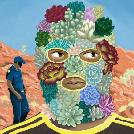 dessin d’un contrebandier avec une cagoule faite de plantes et de fleurs