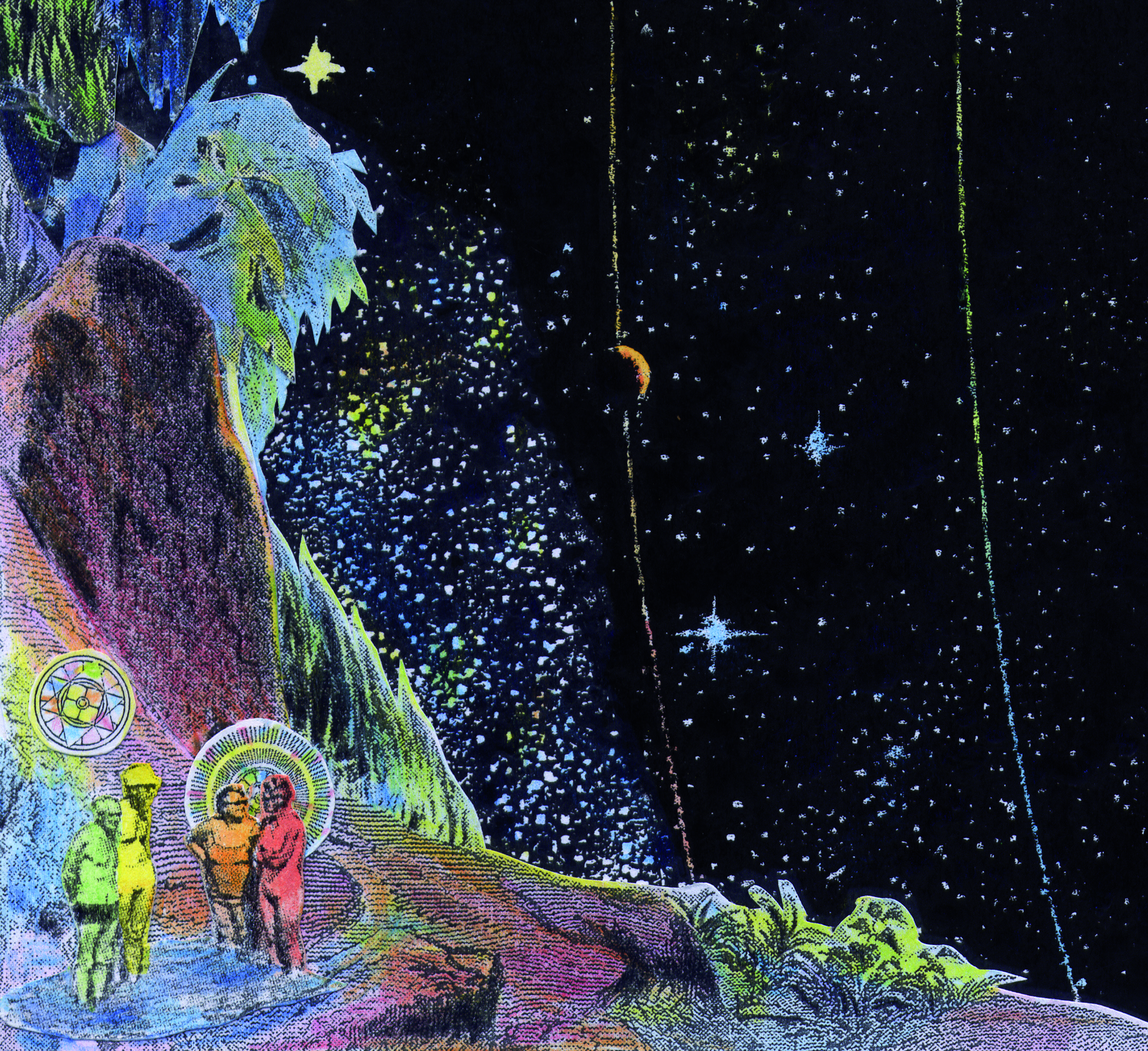 Deux hommes et deux femmes sur un sentier de montagne sous un ciel &eacute;toil&eacute;