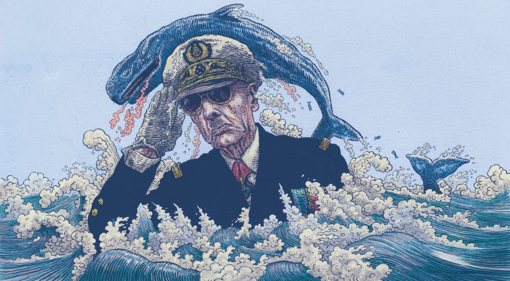 dessin de cachalot sautant par dessus un militaire