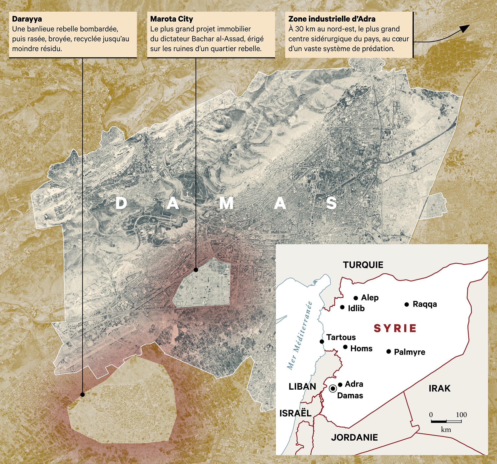 carte de Syrie, avec zoom sur Damas, mentionnant des quartiers détruits