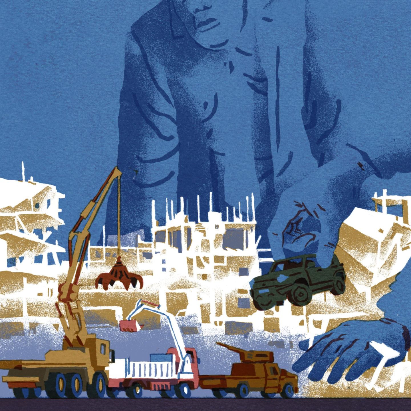 oligarques jouant aux petits camions sur les ruines