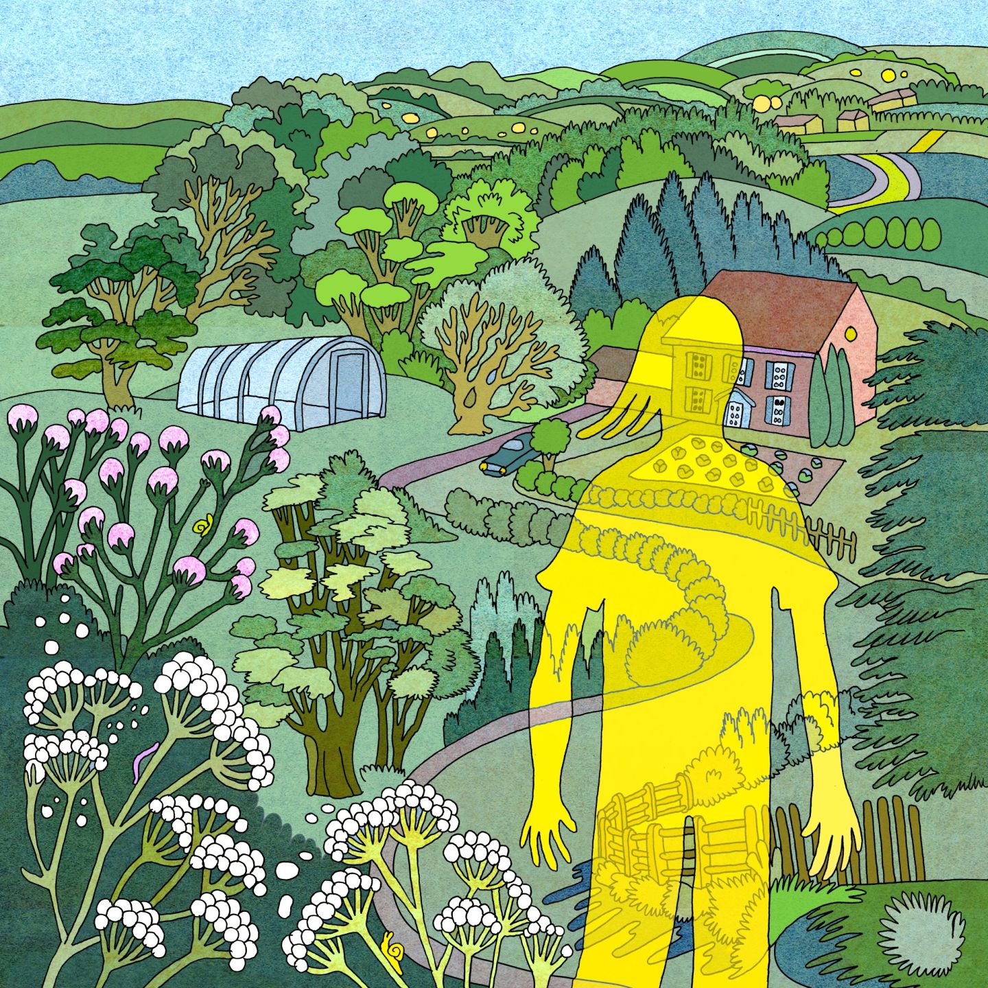 Dessin d'une silhouette translucide devant un paysage avec une maison