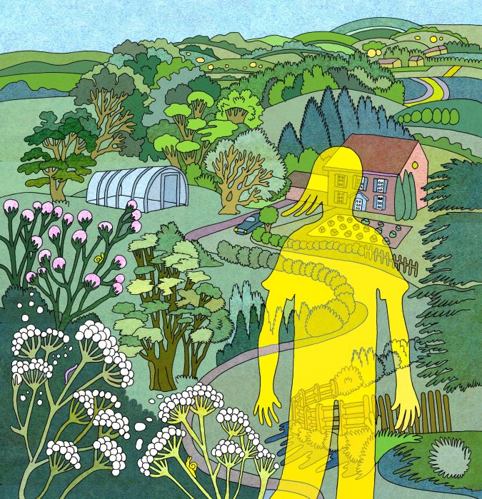 Dessin d'une silhouette translucide devant un paysage avec une maison