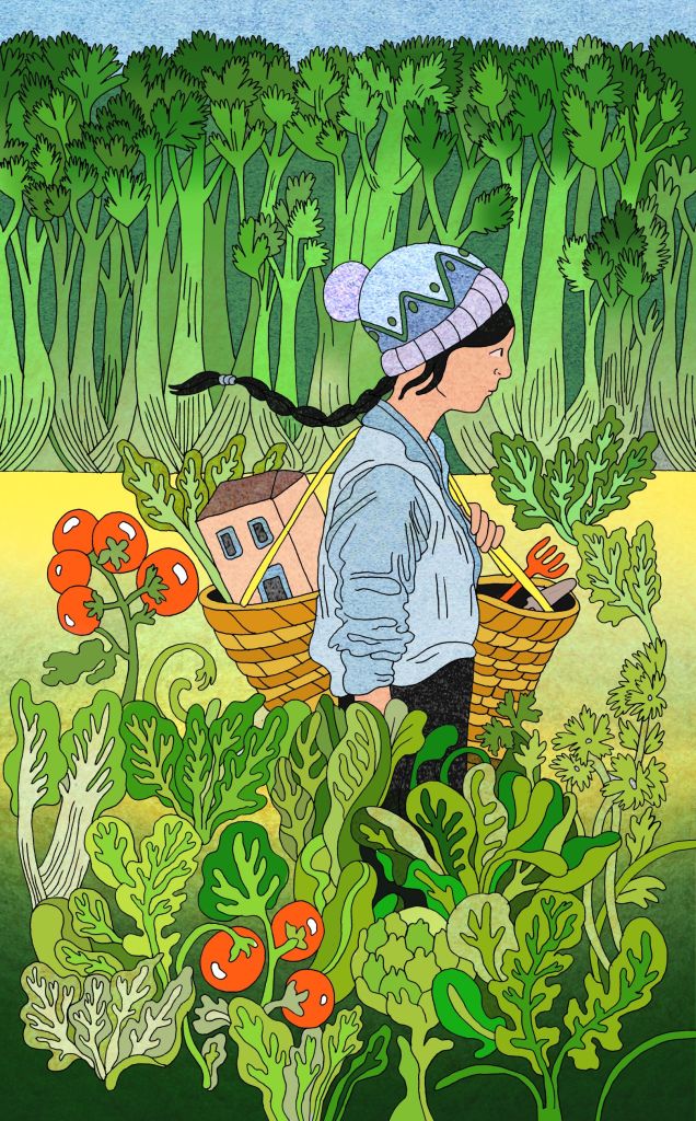 Femme marchant dans des plans de légumes avec un sac cabas contenant des outils de jardinage et une maison