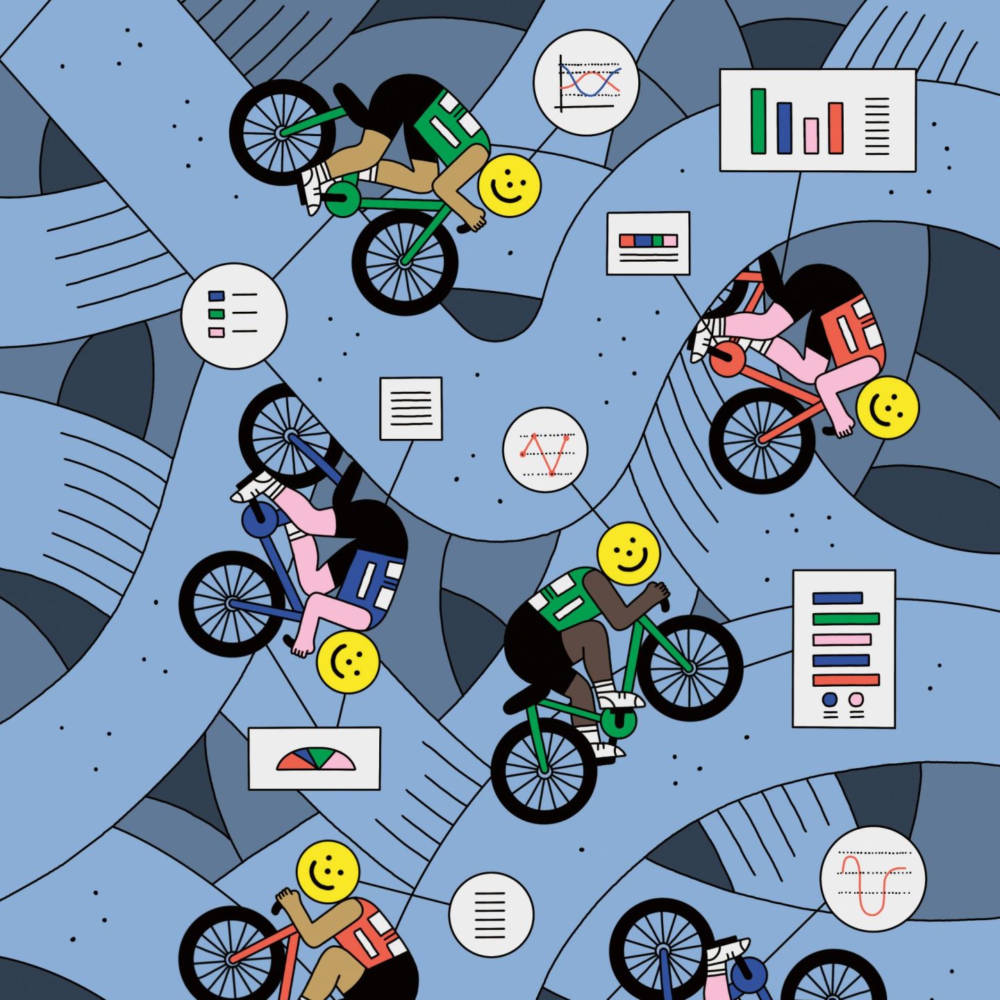 dessin de cyclistes avec des têtes de smileys et graphiques de performances