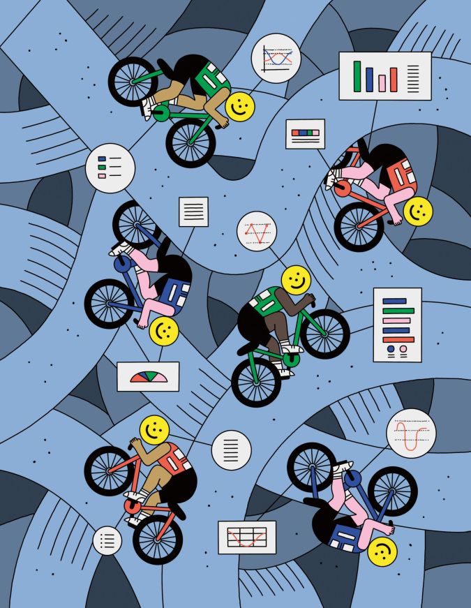 dessin de cyclistes avec des têtes de smileys et graphiques de performances