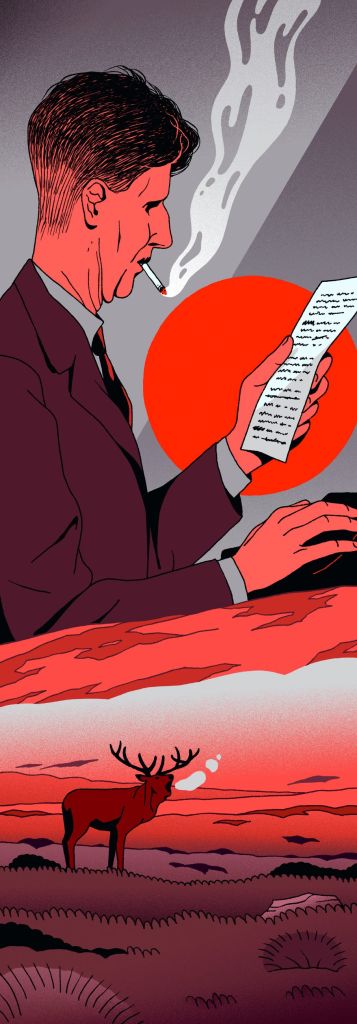 Un homme en costume lit un document en fumant une cigarette