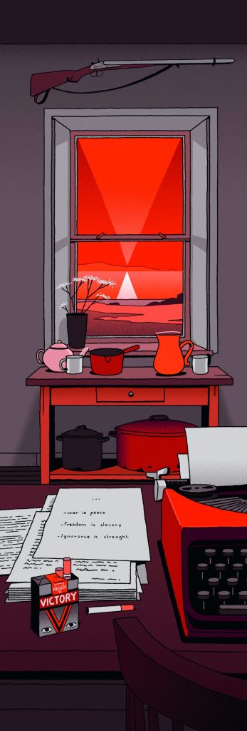 Sur un bureau face à une fenêtre se trouvent une machine à écrire, des feuilles de papier et des cigarettes