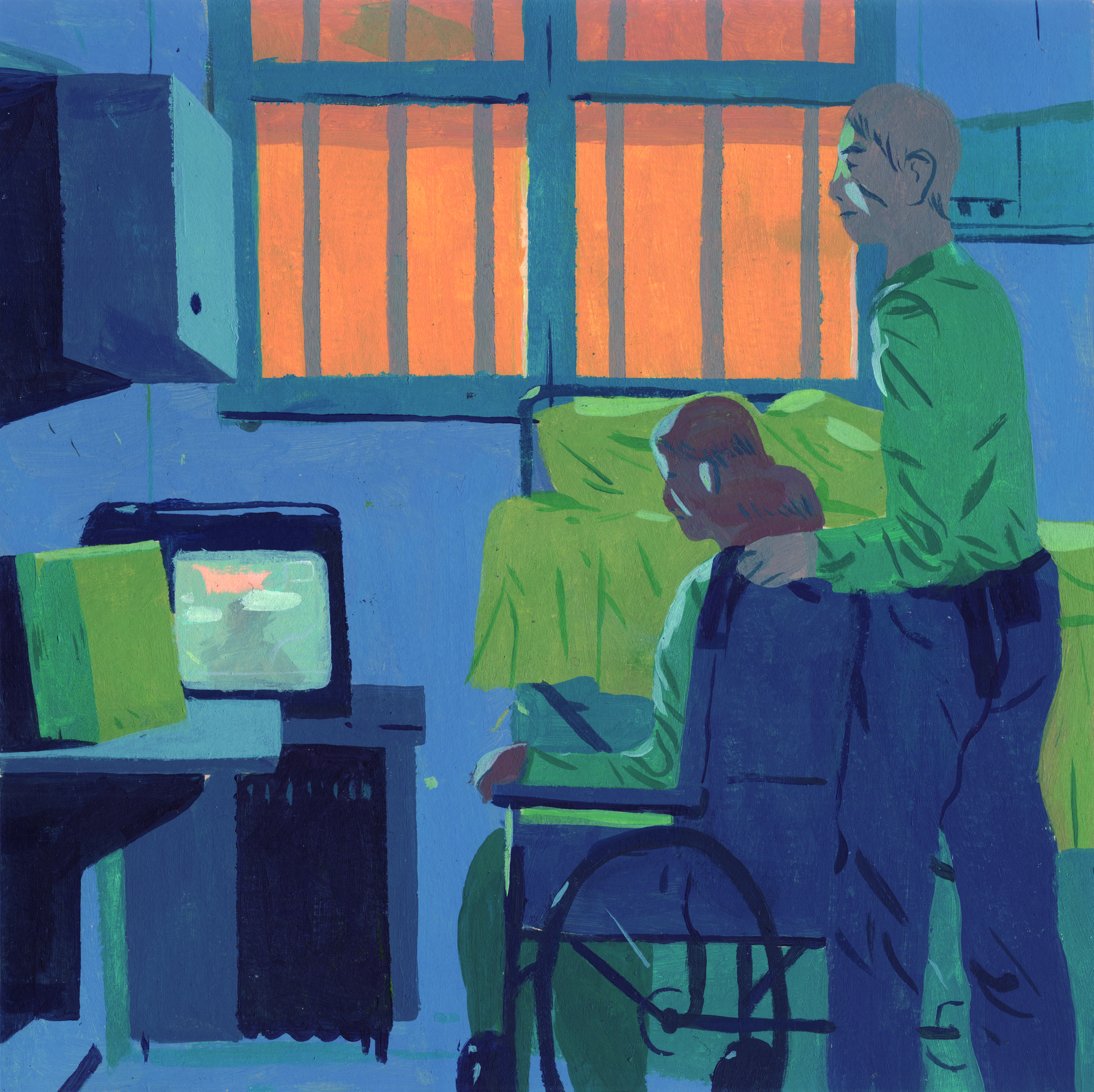 Un homme et une femme, en fauteuil roulant, regardent la télévision dans une cellule de prison