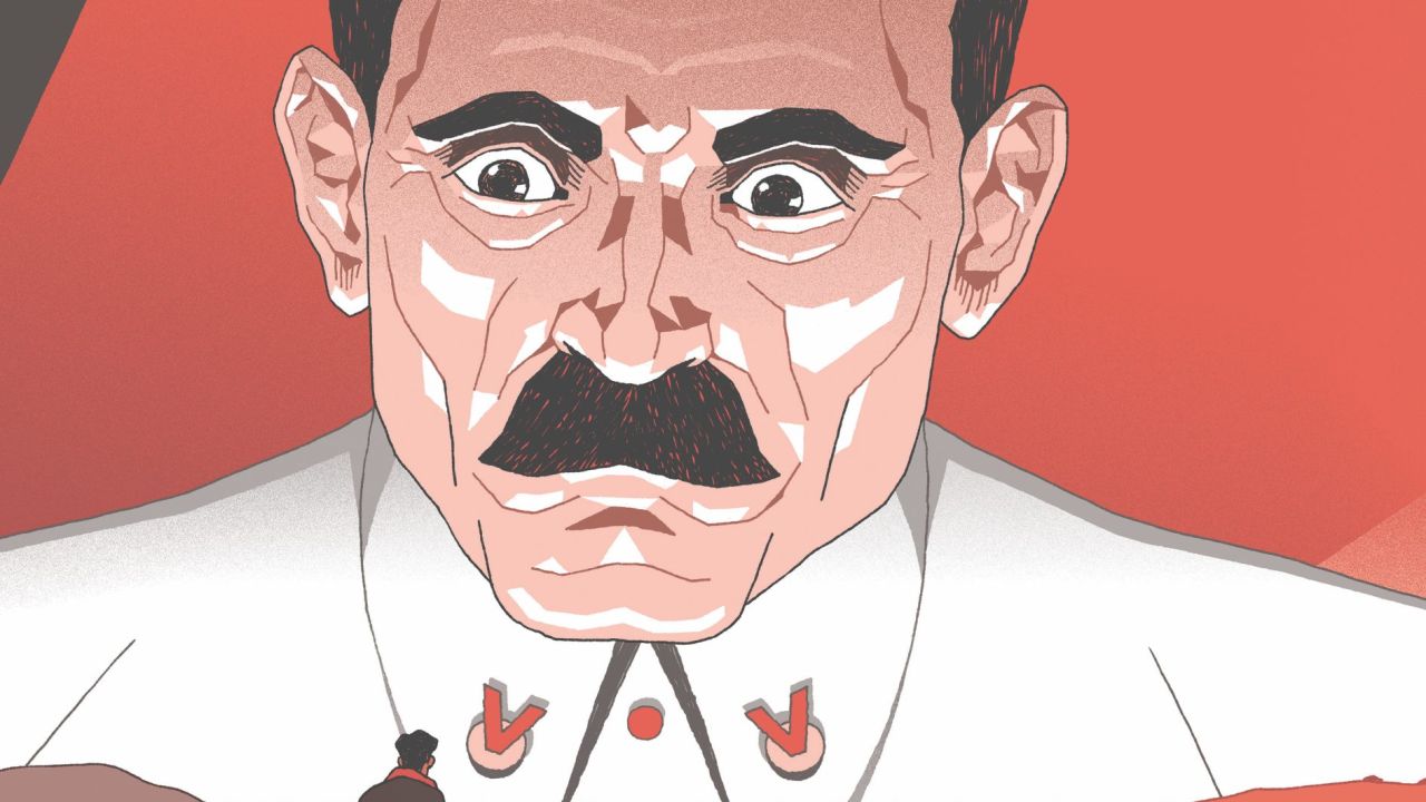 Un homme géant dans le ciel observe un passant