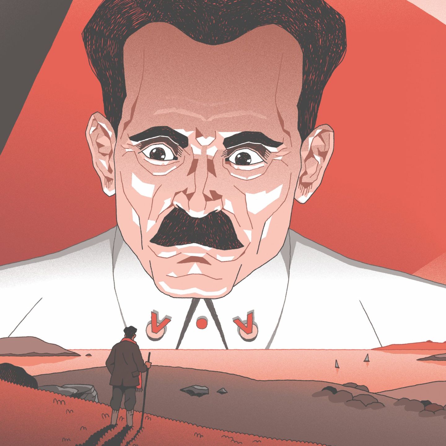 Un homme géant dans le ciel observe un passant