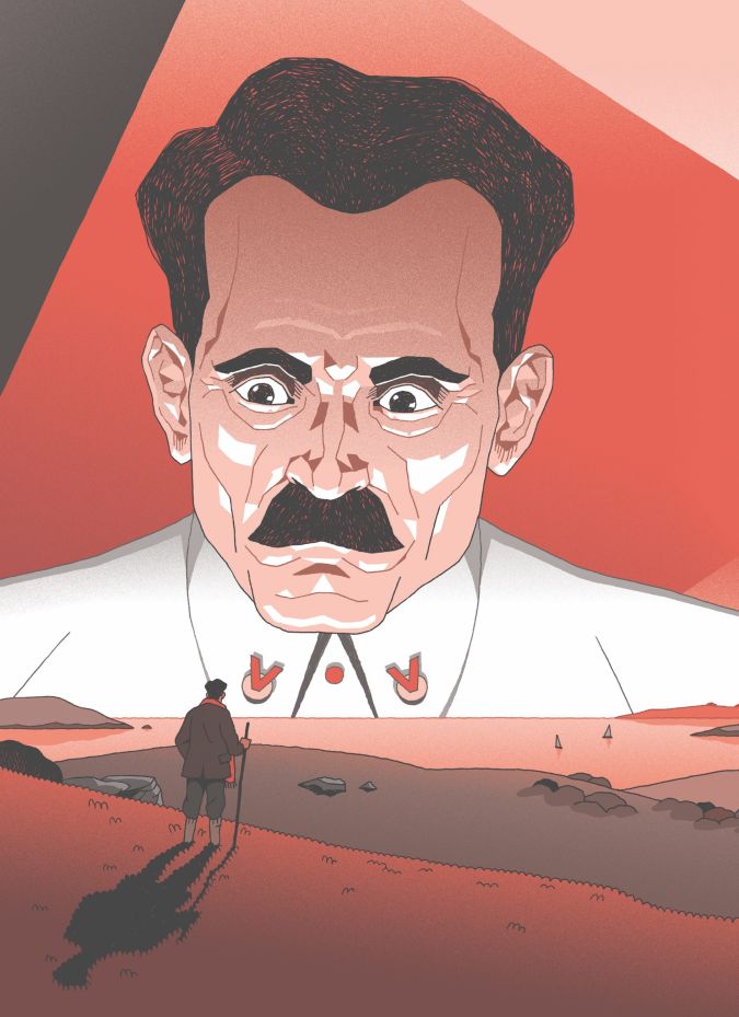 Un homme géant dans le ciel observe un passant