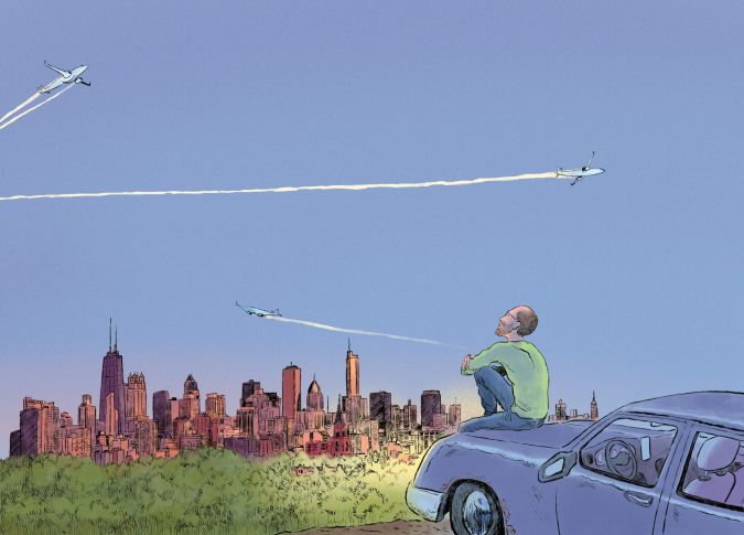 homme assis sur le capot d’une voiture et regardant le ciel