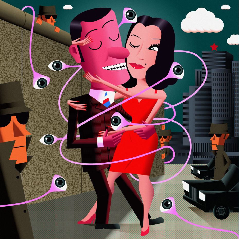 dessin d'un couple entouré d’espions et d’yeux