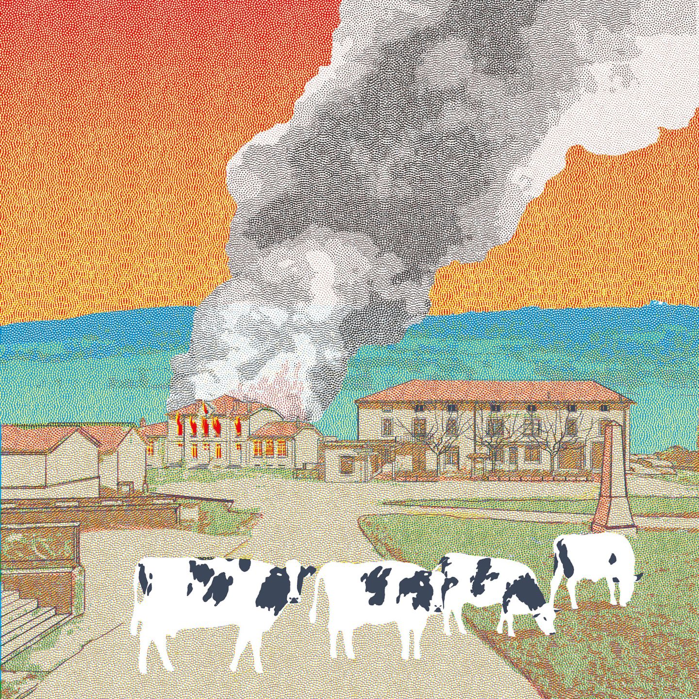 dessin d’un village avec des vaches et une mairie en flammes