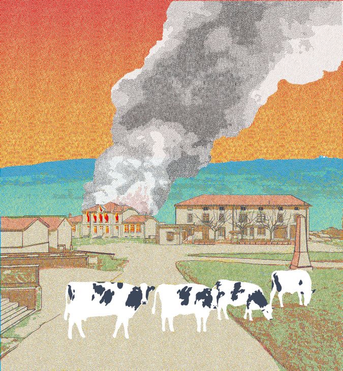 dessin d’un village avec des vaches et une mairie en flammes