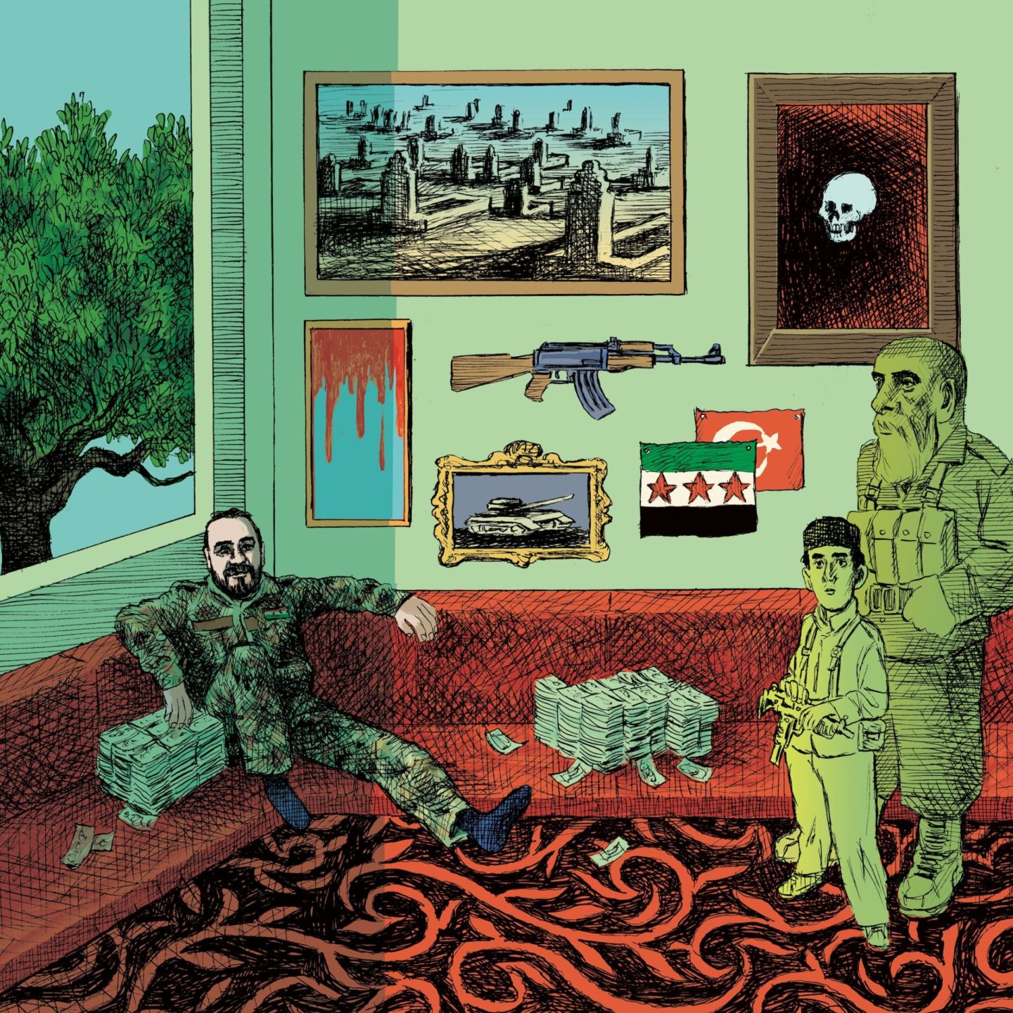 général et soldats syrien dans un salon