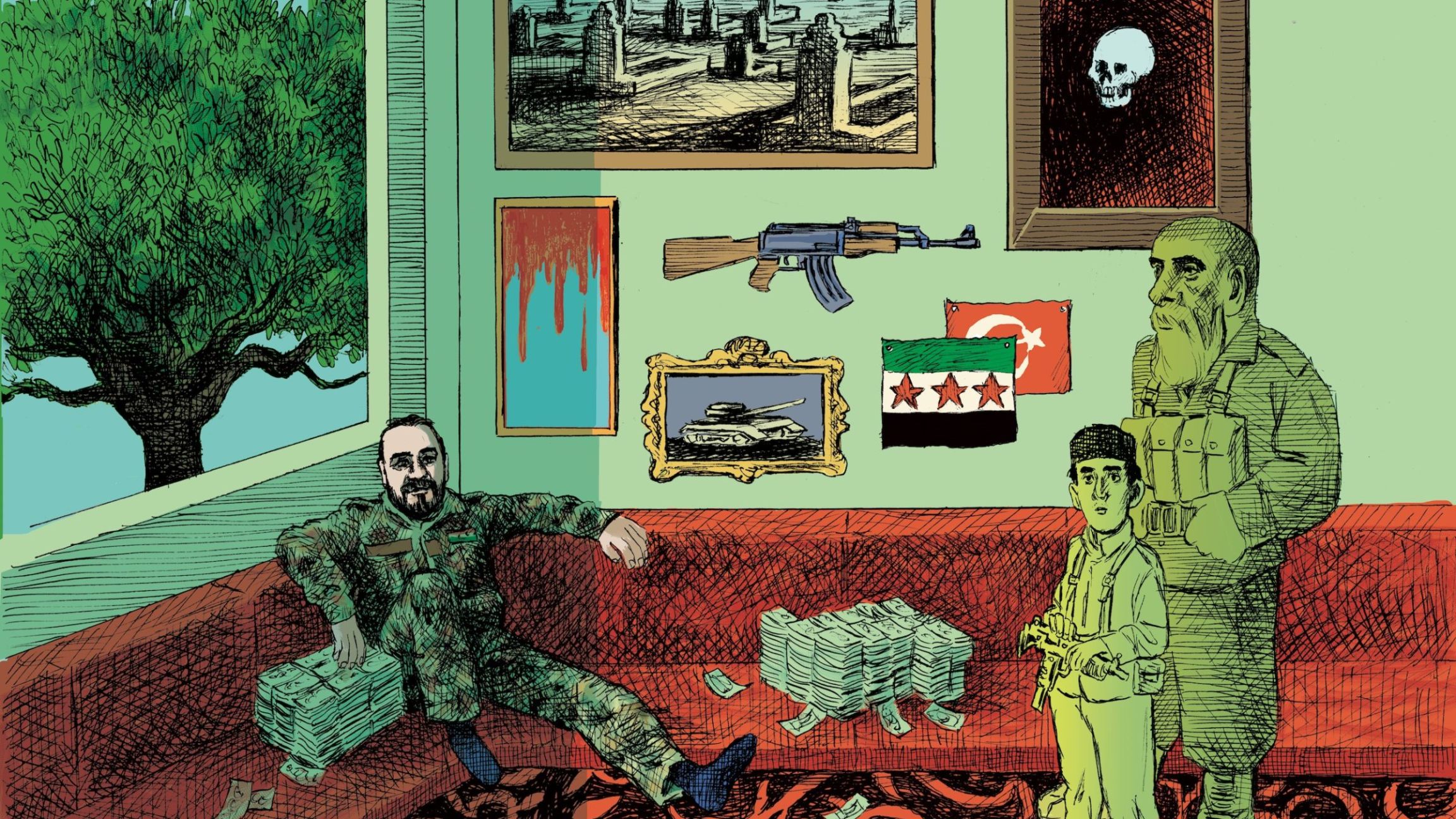 général et soldats syrien dans un salon
