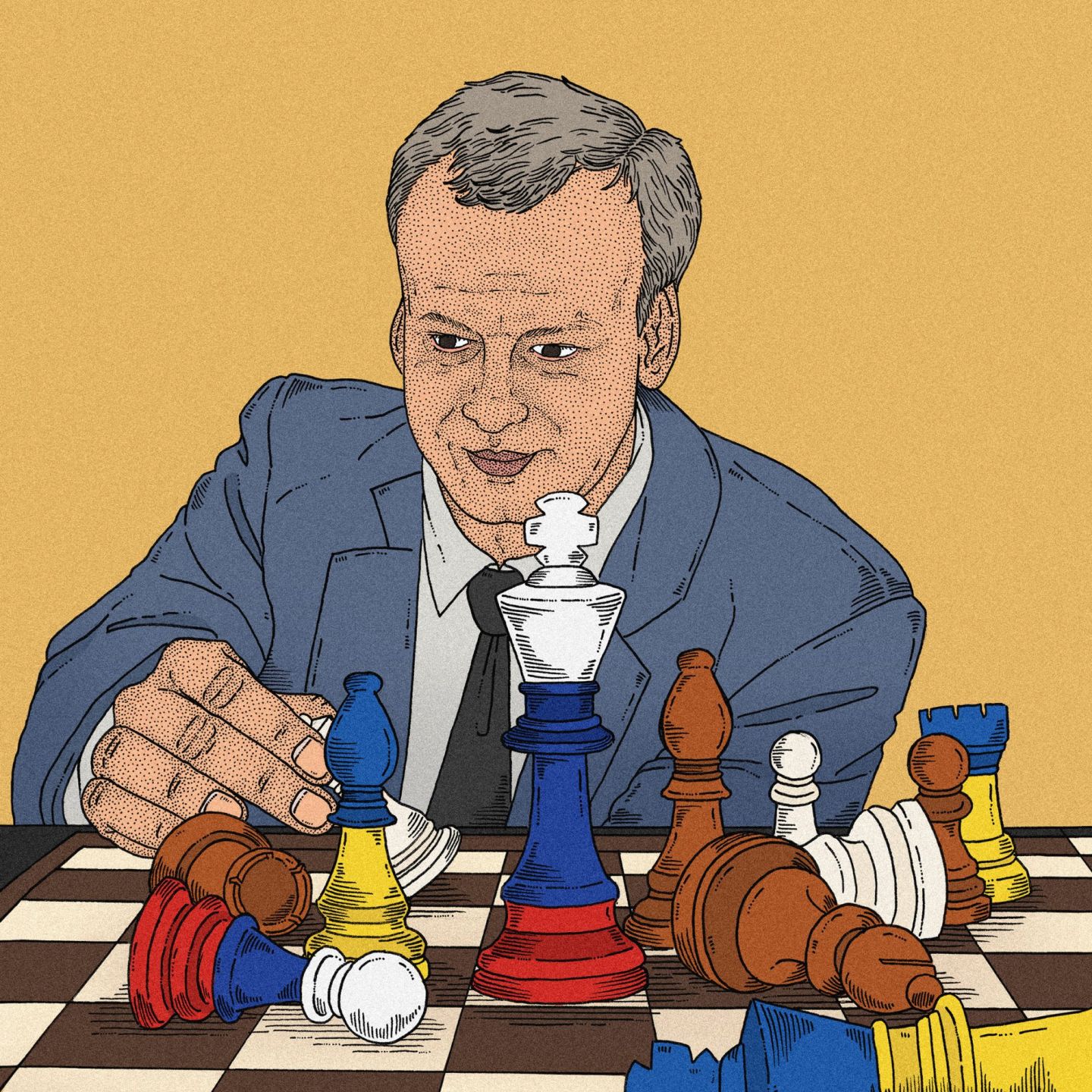 Arkadi Dvorkovitch devant un jeu d’échecs aux couleurs de l’Ukraine et de la Russie