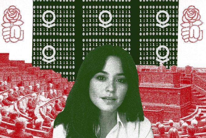 portrait de Julie Martinez sur fond d’Assemblée nationale