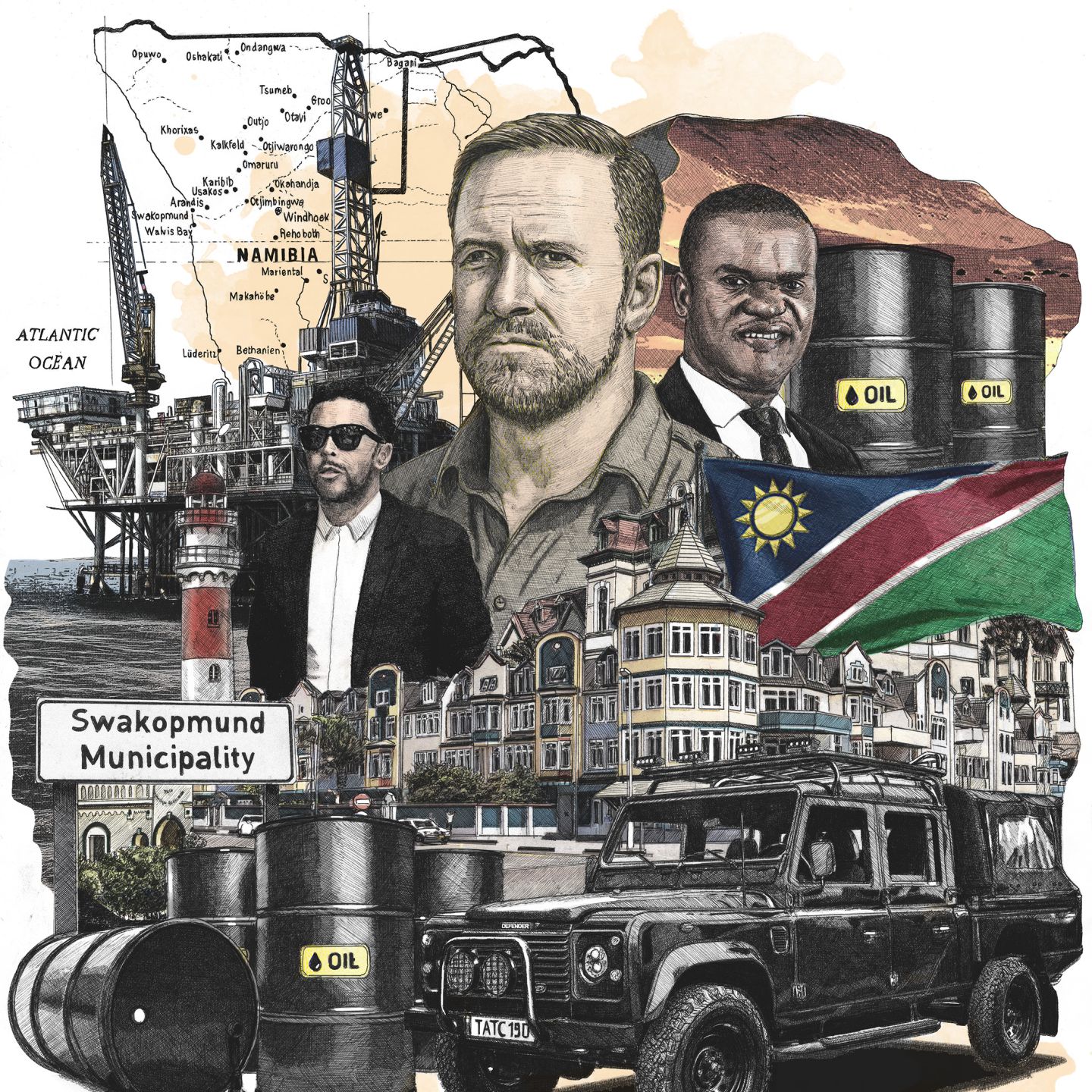 portrait de 3 hommes d'affaires sur fond de pétrole