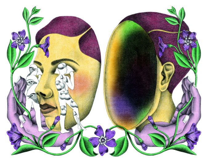 Tête humaine entourée de fleurs violettes et de feuilles vertes. Le visage en est décollé, pour laisser apparaître le vide intérieur.