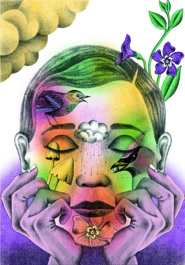 Un visage aux yeux ferm&eacute;s. Sur sa peau, un oiseau, un nuage de pluie, des champignons, une fleur.
