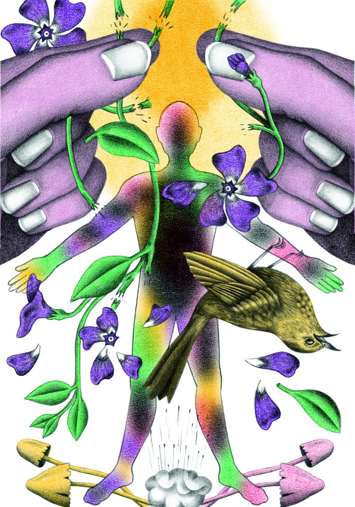 Deux grandes mains brisent des tiges fleuries. Derri&egrave;re, une silhouette color&eacute;e, faite d'un d&eacute;grad&eacute; de rose, de jaune, de vert et de noir.