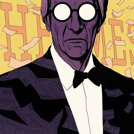 portrait d’Éric Freymond sur fond de logo Hermès