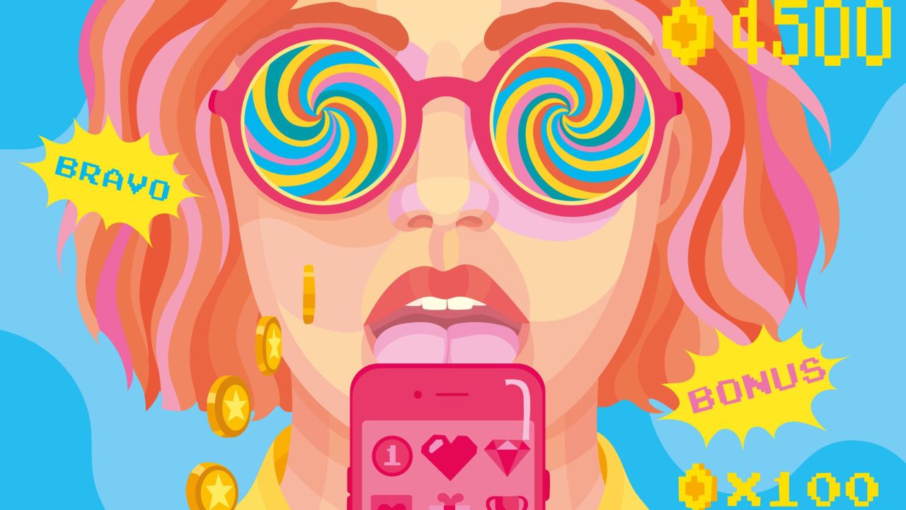 visage de femme avec mobile comme une sucette