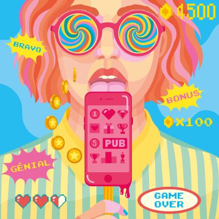 visage de femme avec mobile comme une sucette