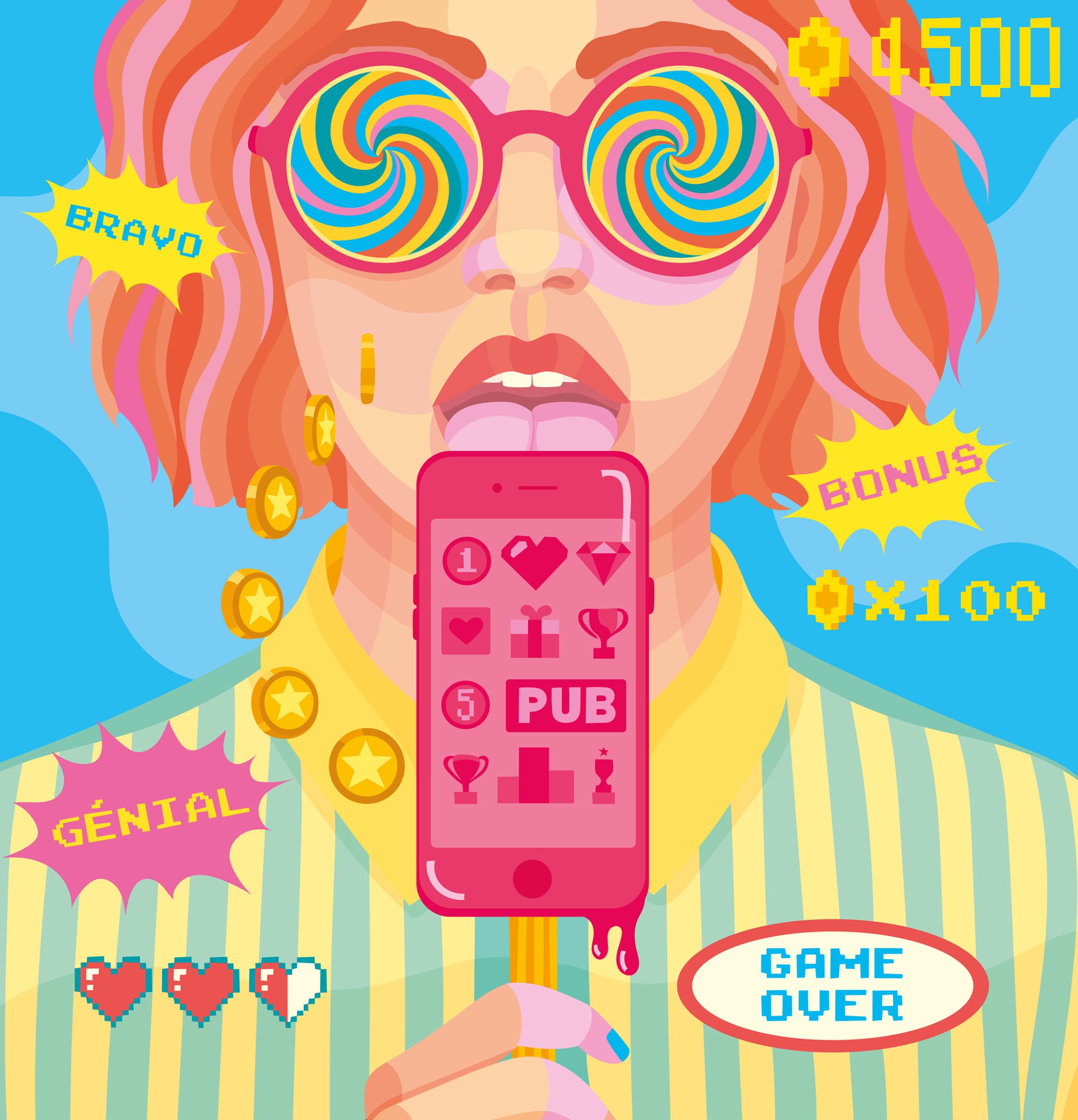 visage de femme avec mobile comme une sucette