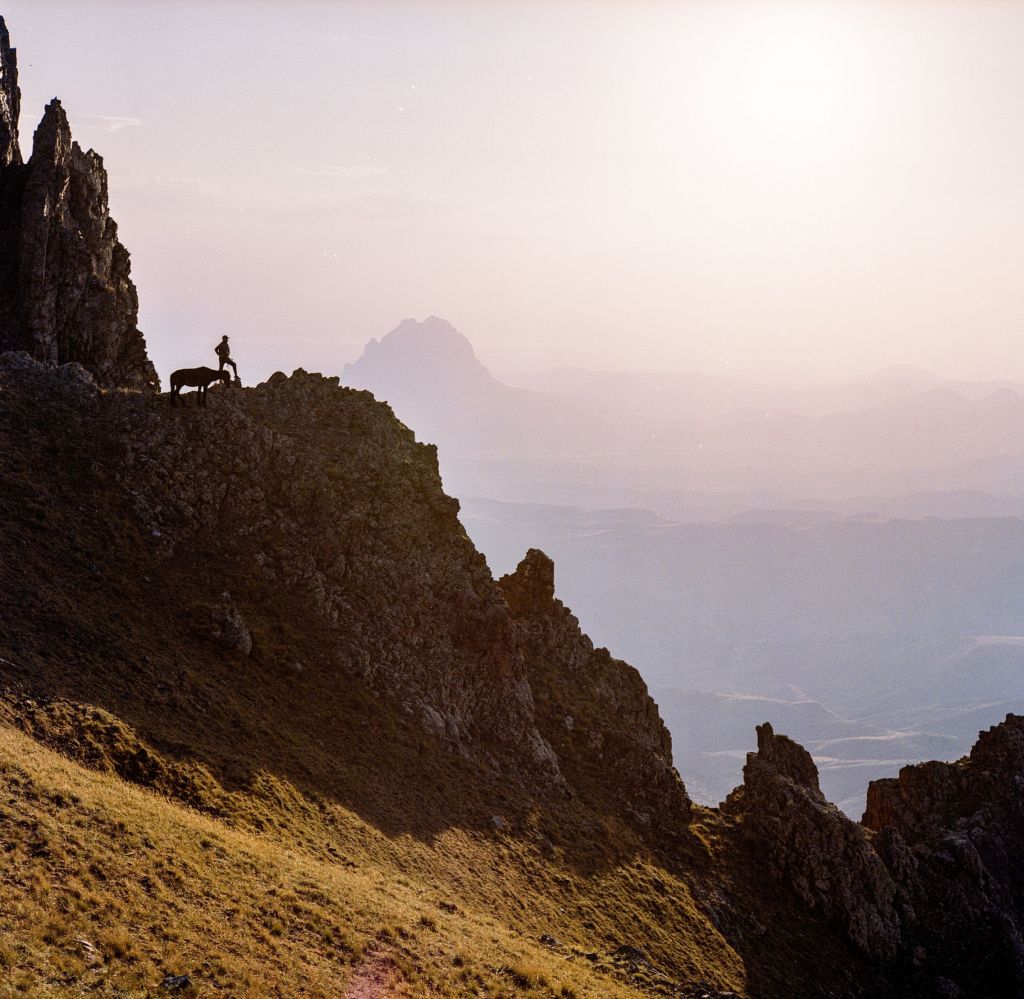 Un berger, avec une de ses bêtes, observe le paysage montagneux