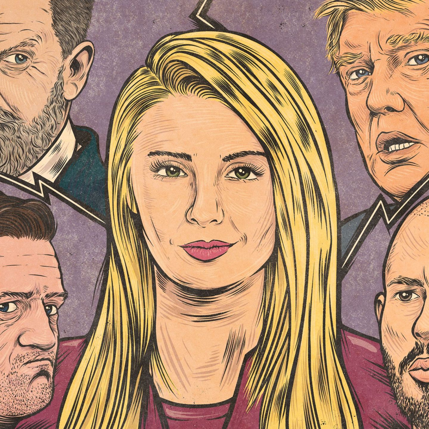 Le visage d'une femme blonde entourée de visages d'hommes menaçants