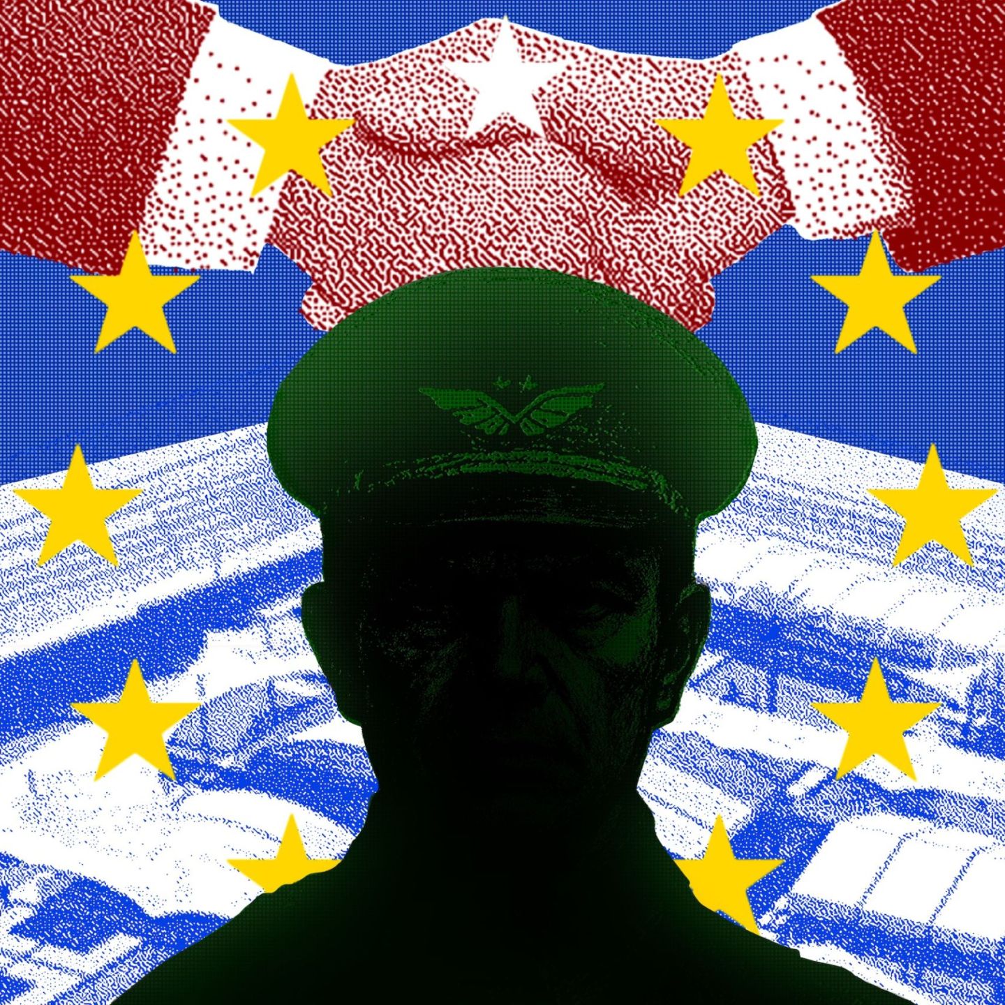 militaire et poignée de main sur fond de drapeau européen