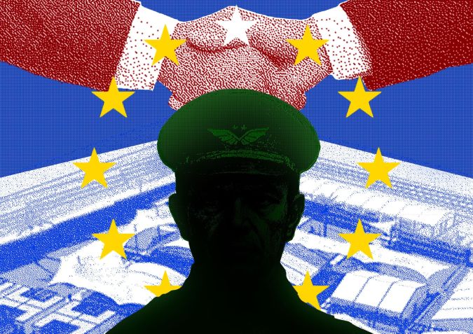 militaire et poignée de main sur fond de drapeau européen