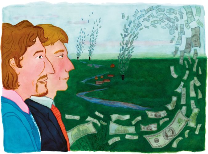 deux hommes et un paysage verdoyant d'où jaillissent des dollars