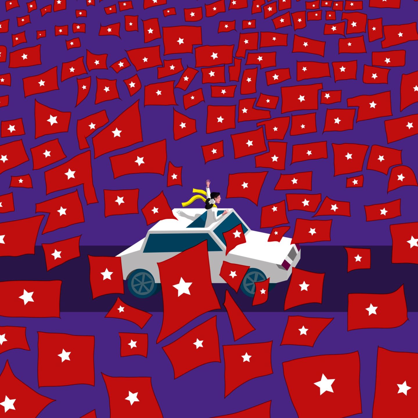 Aung San Suu Kyi en voiture avec des drapeaux rouges à étoile blanche