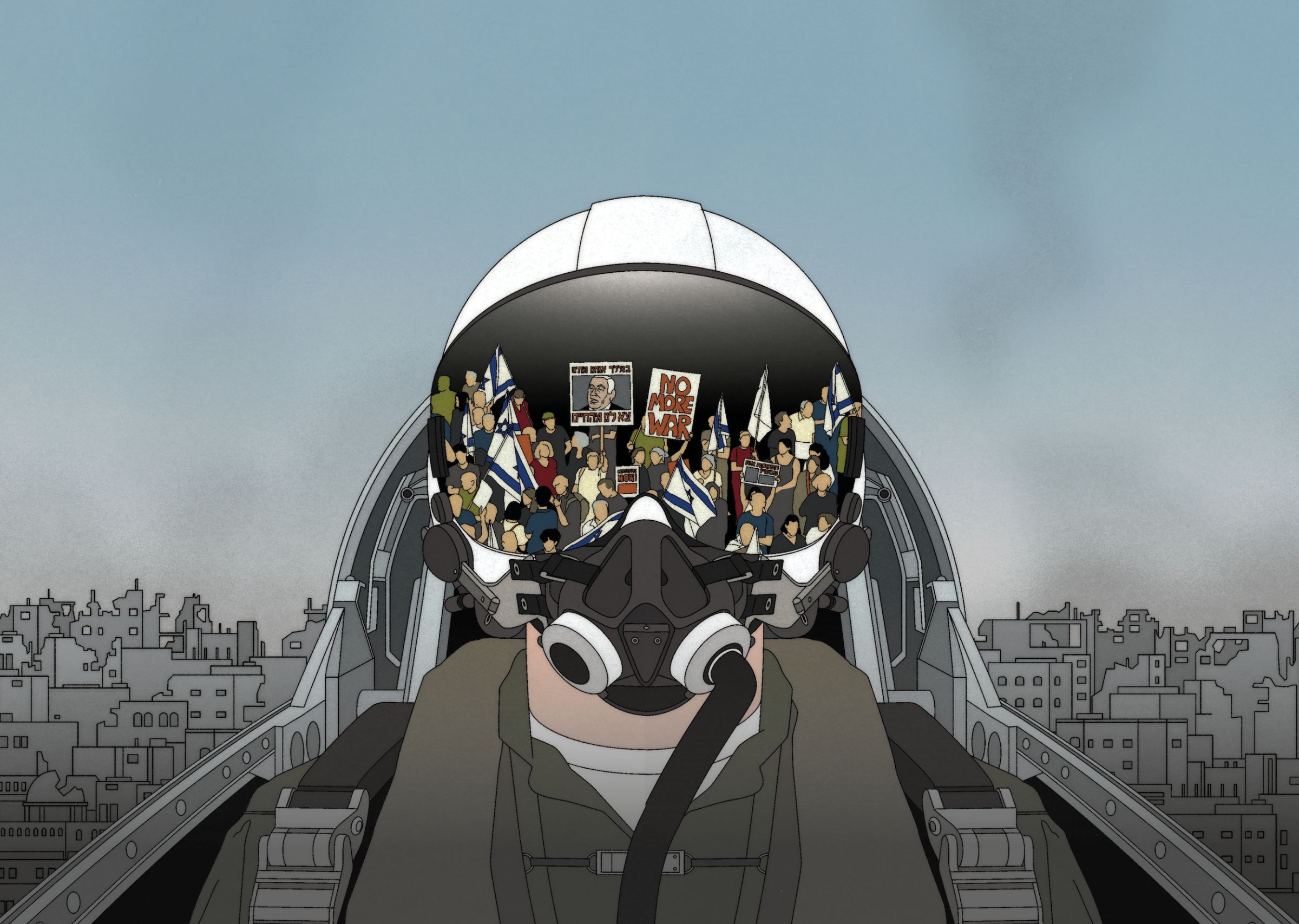 pilote de chasse avec ville détruite et manif