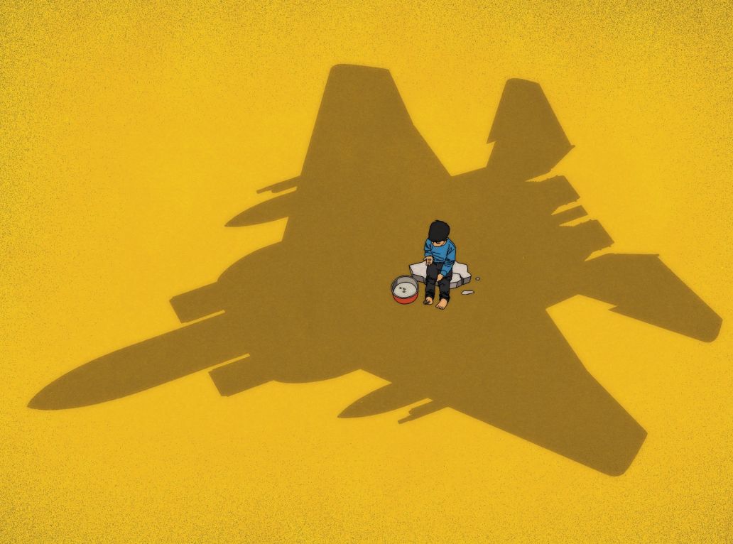 ombre d’un avion de chasse sur un enfant affamé