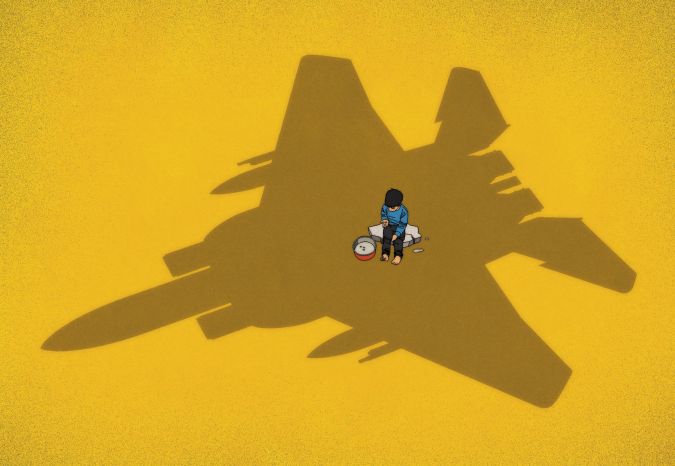 ombre d’un avion de chasse sur un enfant affamé