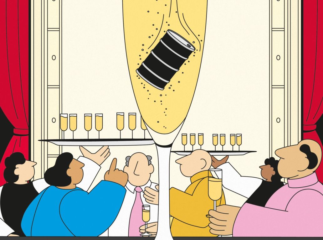 Des gens autour d’une coupe de champagne dans laquelle tombe un baril de pétrole