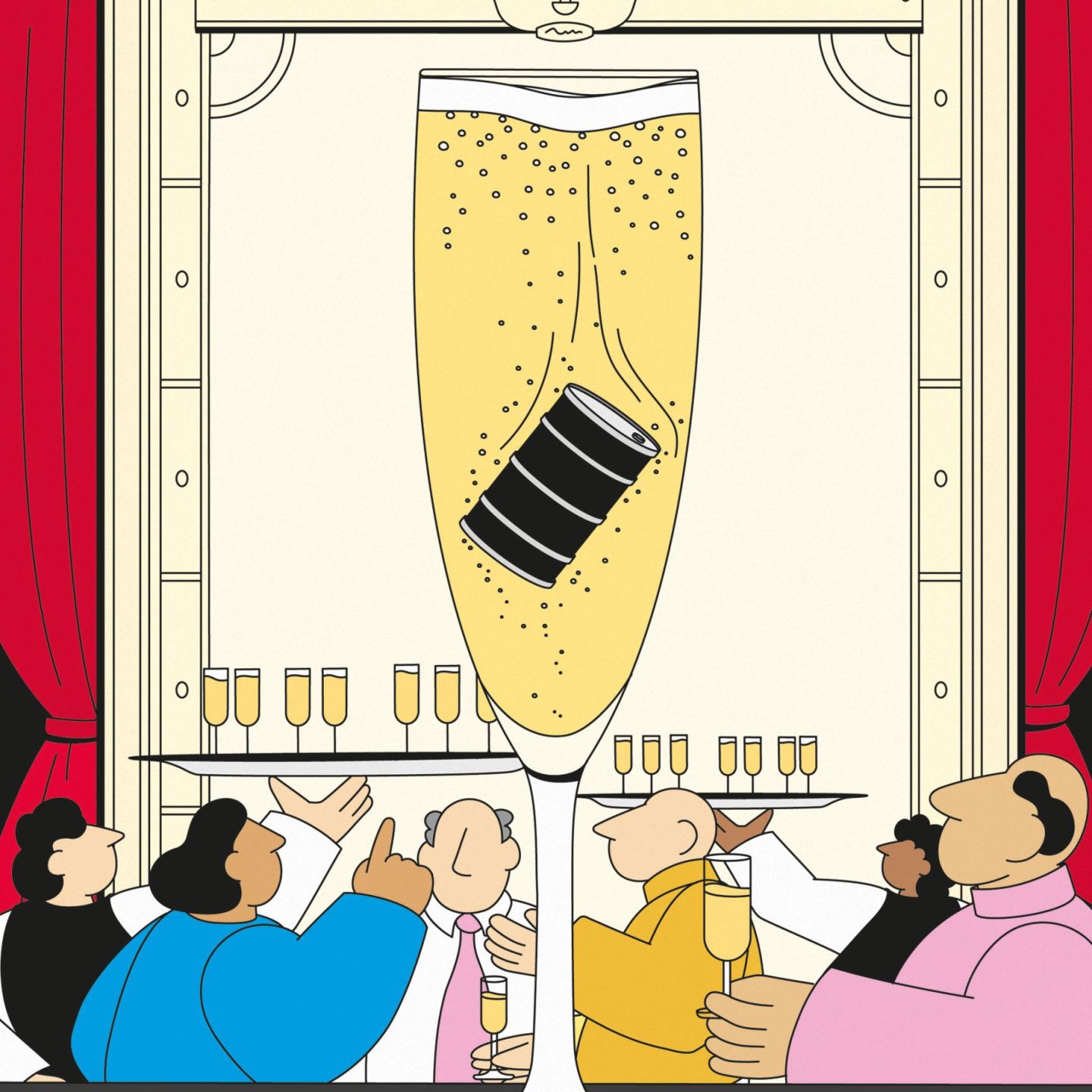 Des gens autour d’une coupe de champagne dans laquelle tombe un baril de pétrole